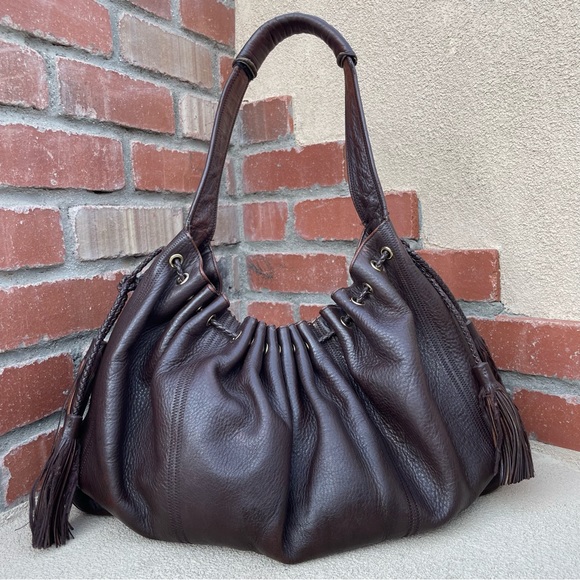 7 For All Mankind 🍂 Cow Hide Leather  Shoulder Hobo Bag in Brown | X-Large - Picture 2 of 14